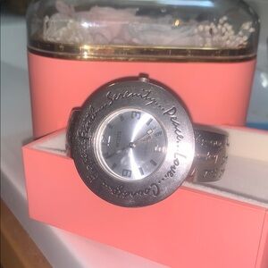 Chico's Silver Tone Engraved Bangle Watch with Coral Box